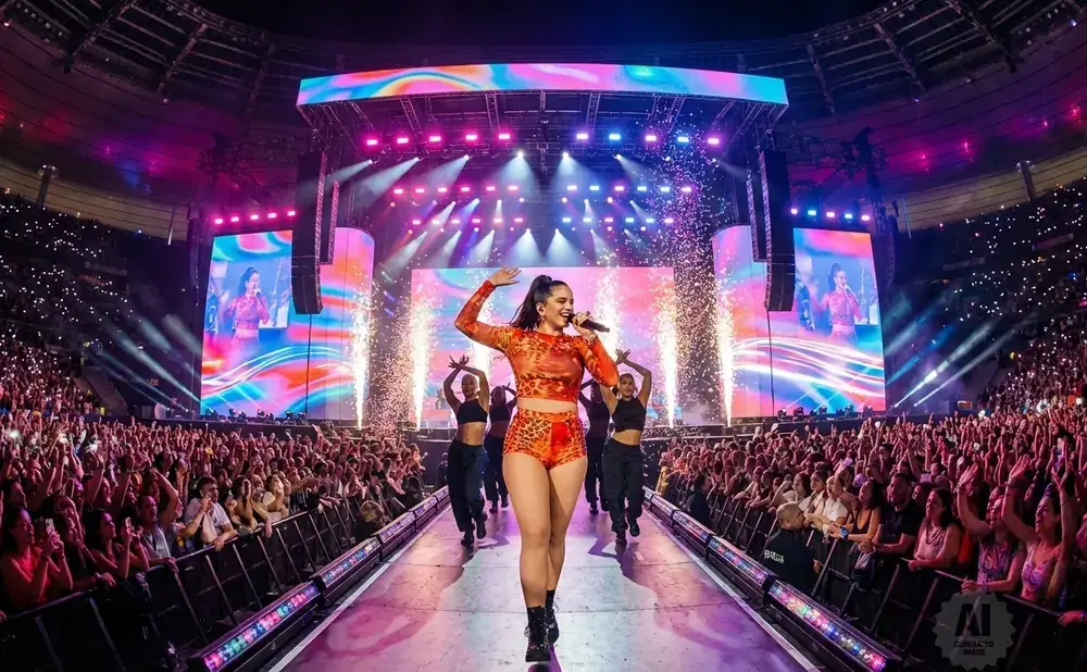 Singer Rosalía performs on stage with dancers at a concert in a stadium filled with cheering fans holding up lights.