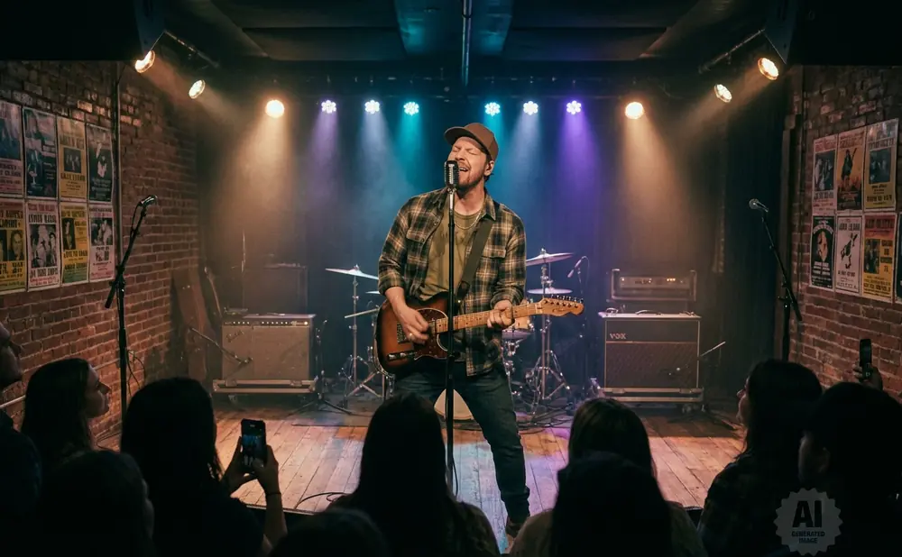 A male guitarist sings into a microphone on a brick stage, bathed in spotlights, with a crowd watching.