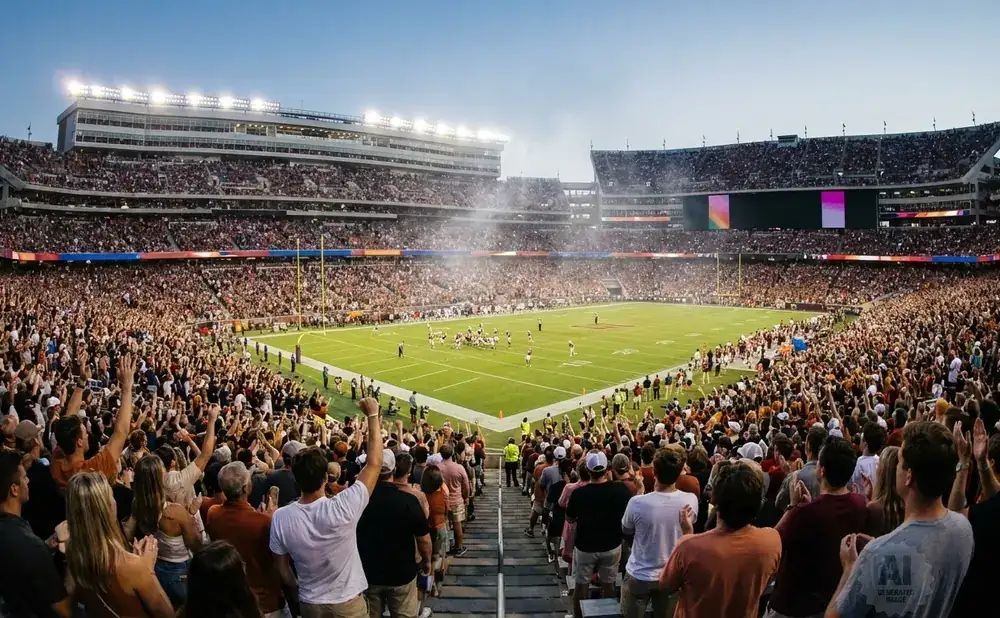 A wide shot of a crowded football stadium during a game at dusk, with fans in the stands cheering.