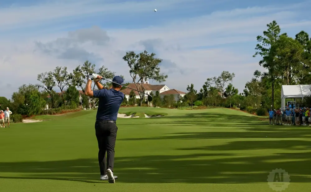 Golfer hits ball on a sunny day with spectators and a house in the background.