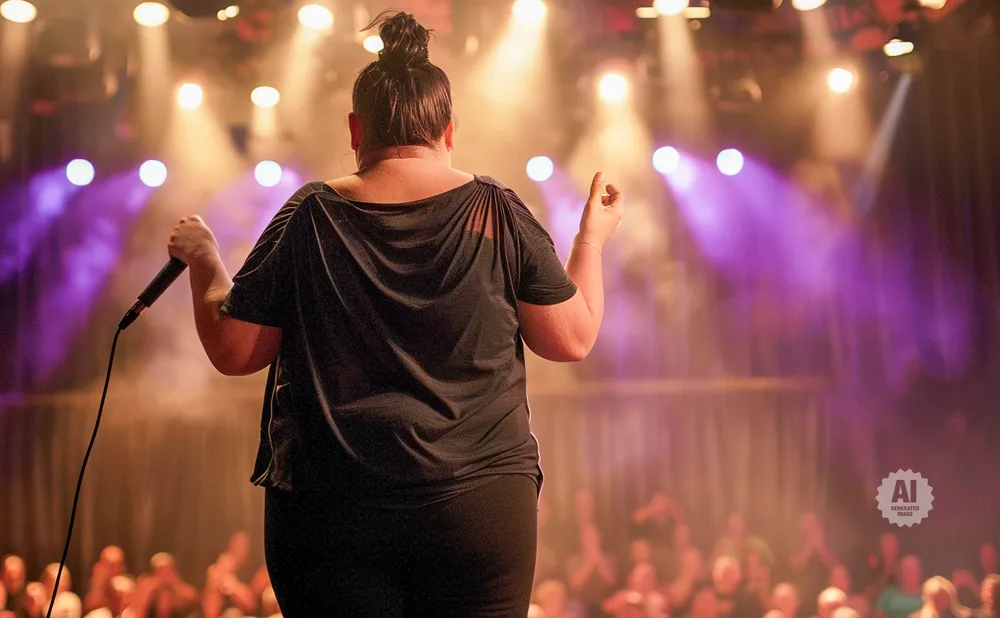 Singer on stage holding a microphone with a crowd in the background.