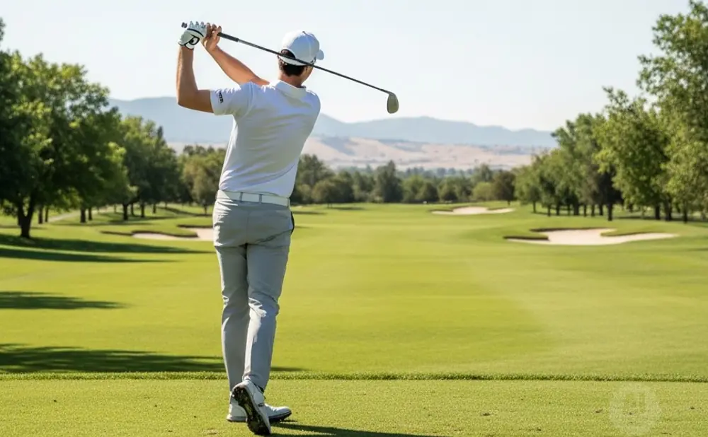 Golfer swings club on a sunny golf course with green fairways and trees.