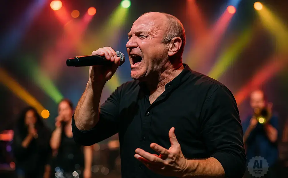 Singer with bald head and black shirt sings into microphone on stage with colorful lights.