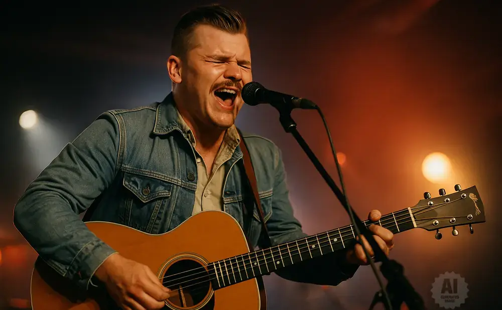 A man with a mustache sings into a microphone while playing an acoustic guitar on stage.