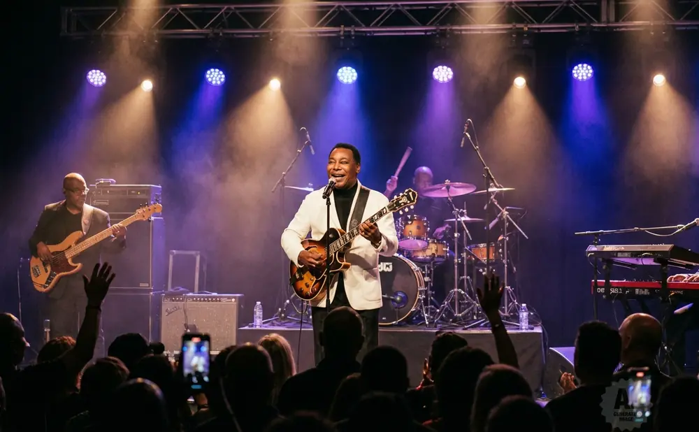 A band performs on stage with purple and yellow spotlights, a singer in a white jacket plays guitar.
