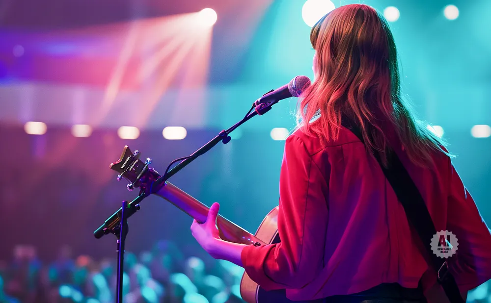 A person in a red shirt plays guitar and sings into a microphone on a stage lit by pink and blue lights.