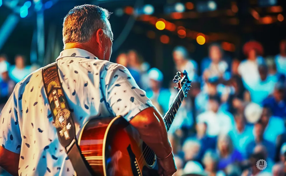 Musician plays guitar on stage with a blurred audience and bokeh lights in the background.