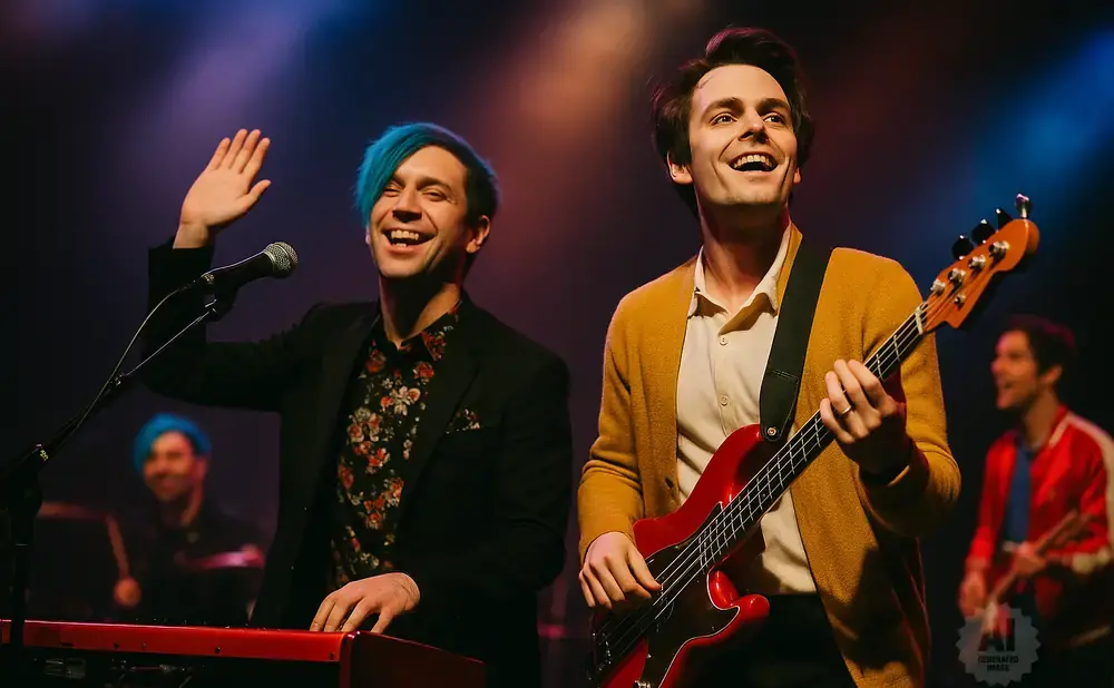 Two men perform on stage: one with blue hair sings into a mic, the other plays a red bass guitar.