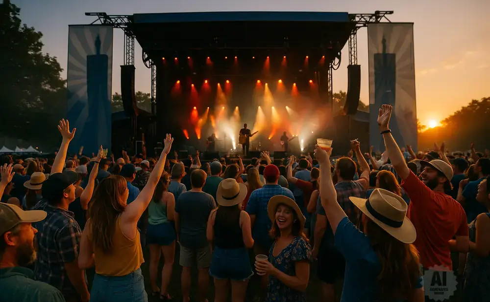 A crowd at an outdoor concert watches a band perform on a stage at sunset.