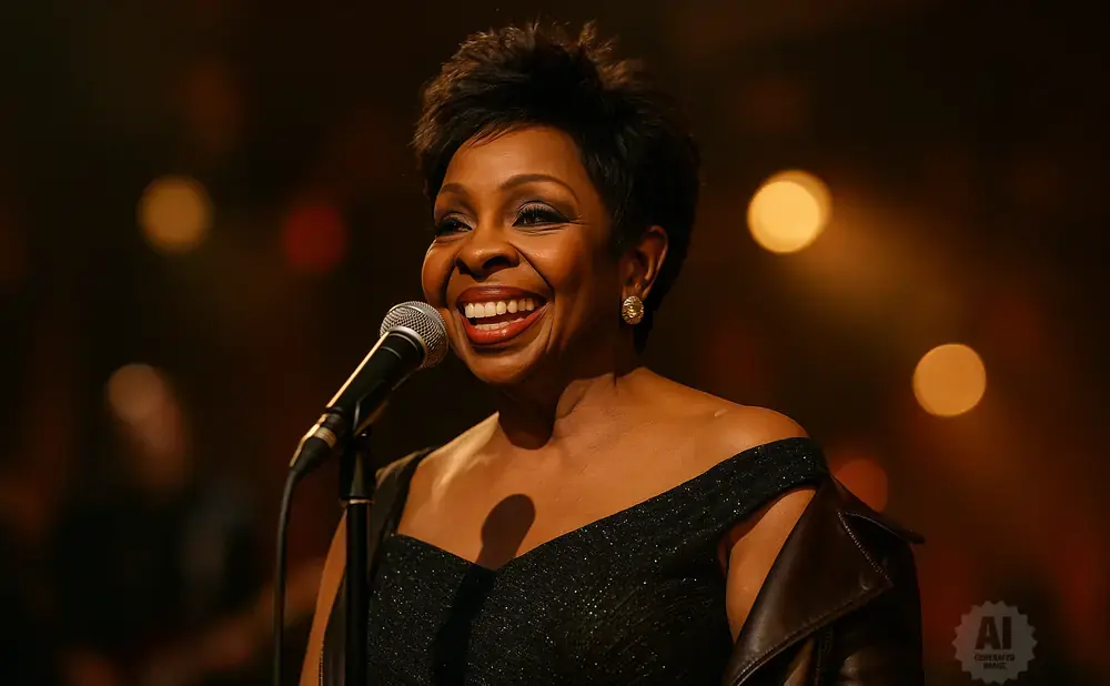 Gladys Knight smiles and sings into a microphone while wearing a sparkly off-the-shoulder dress and brown leather jacket.