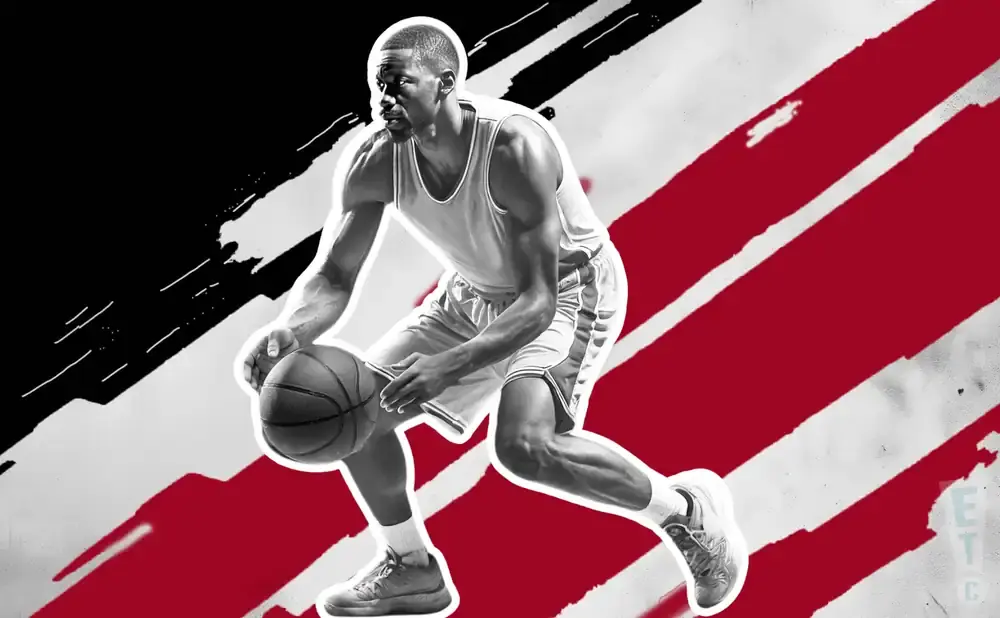 A basketball player dribbles the ball with dynamic red and black background stripes.