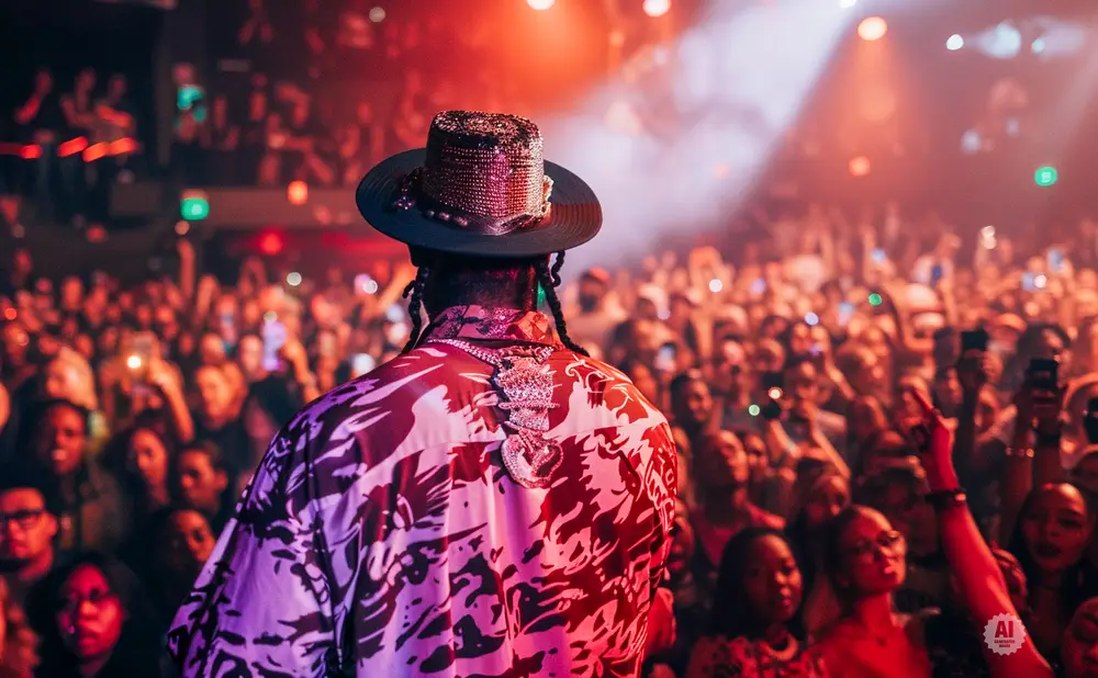 Rapper in a hat and floral shirt on stage with a crowd cheering and holding up phones.
