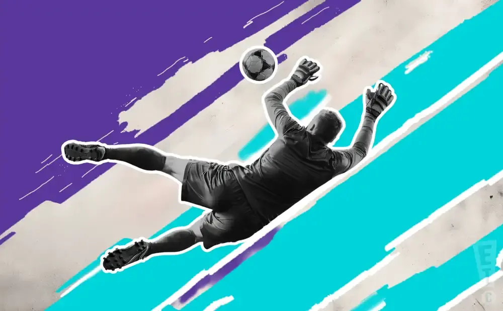 A soccer goalie dives to catch a ball against a backdrop of purple and teal abstract streaks.