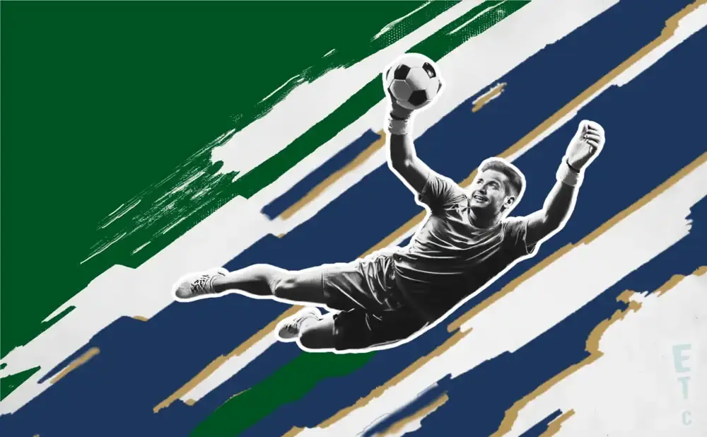 A black and white image of a soccer goalkeeper leaping to catch a ball against a colorful, abstract background.