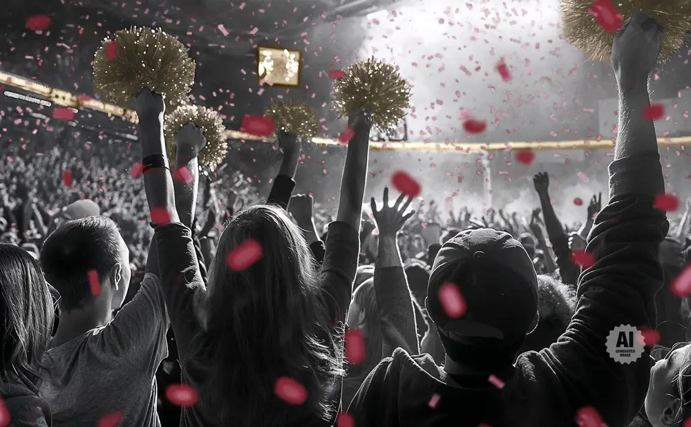 People with pom-poms cheer in a crowd with pink confetti falling.