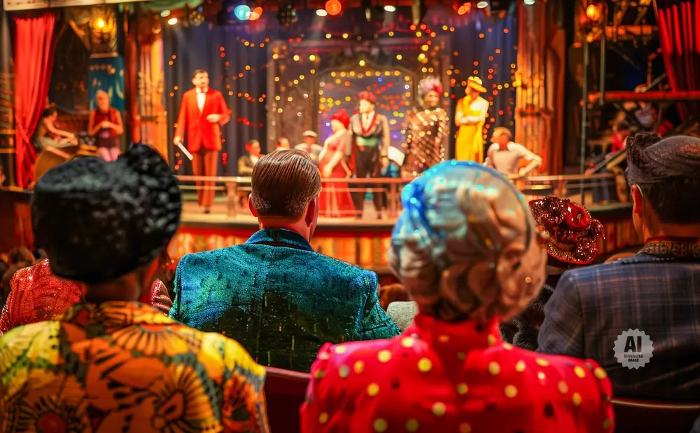 Audience watches a vibrant stage show with performers in colorful costumes and dazzling lights.
