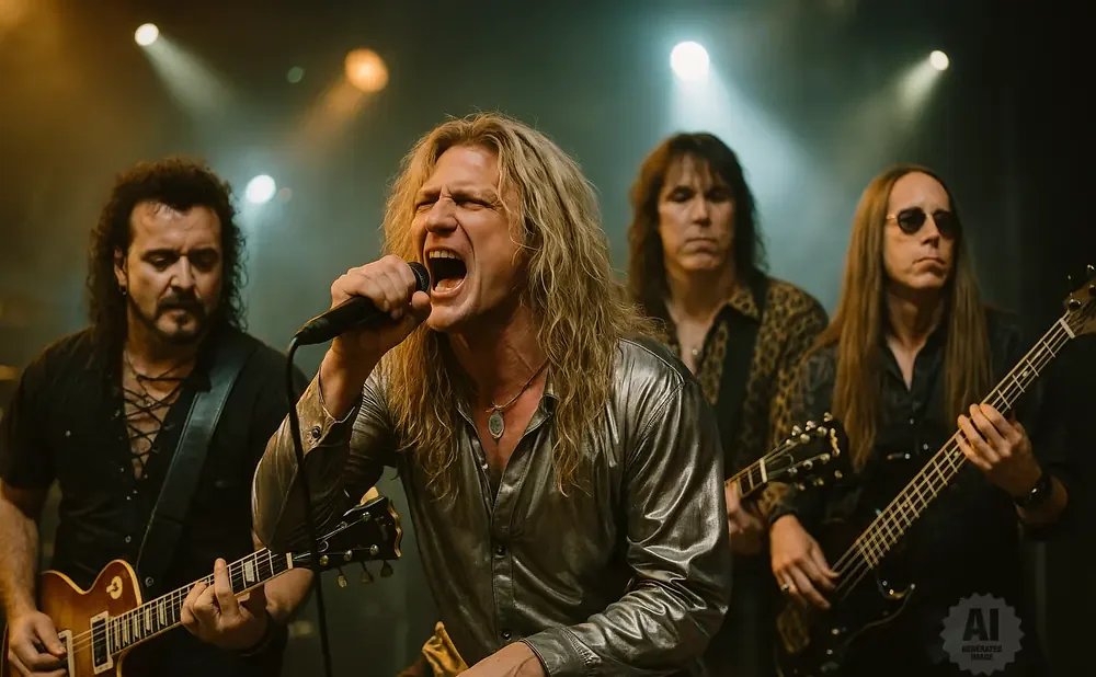 A male rock band performs on stage with the lead singer in the foreground.