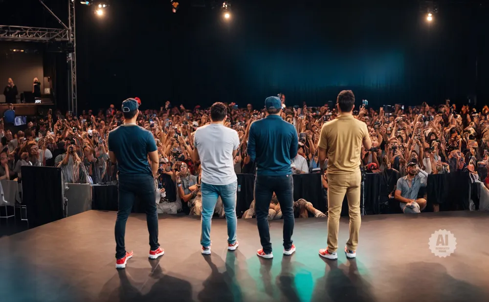 Four men stand on a stage facing a large, cheering crowd with their phones up.