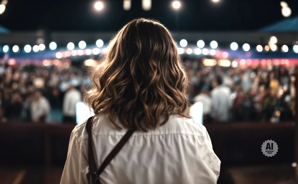 Woman with wavy brown hair, seen from behind, wearing a white shirt, faces a blurred crowd and stage lights.