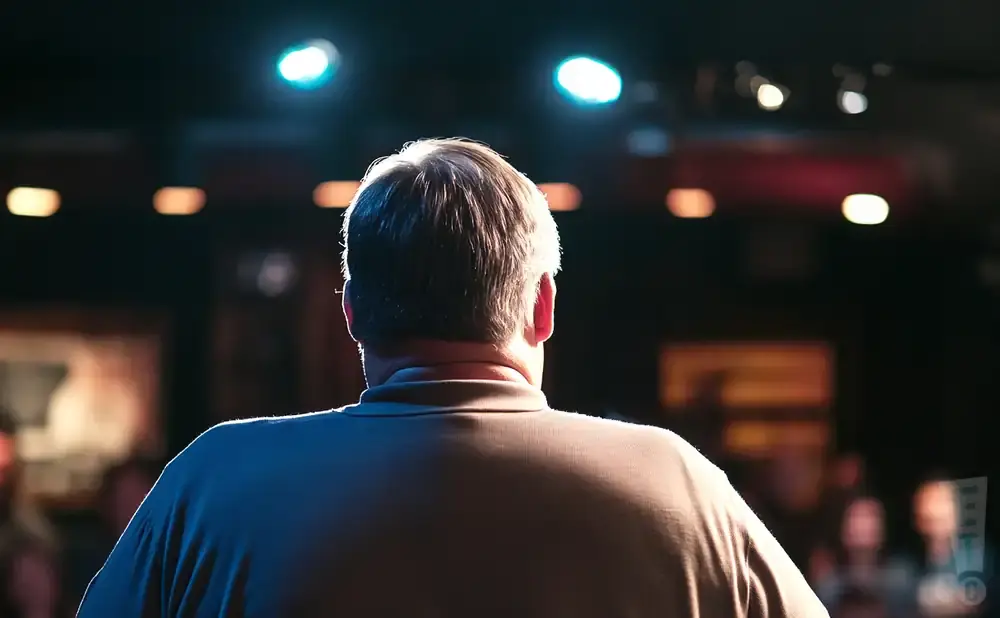 A man stands with his back to the camera, facing a dimly lit stage with spotlights.