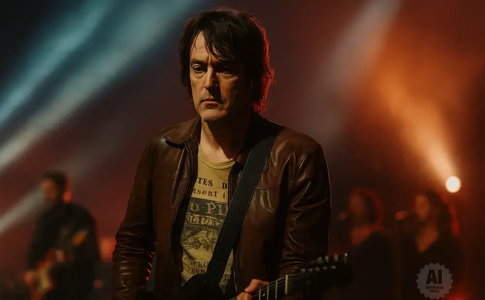A man in a leather jacket plays guitar on stage with dramatic lighting.