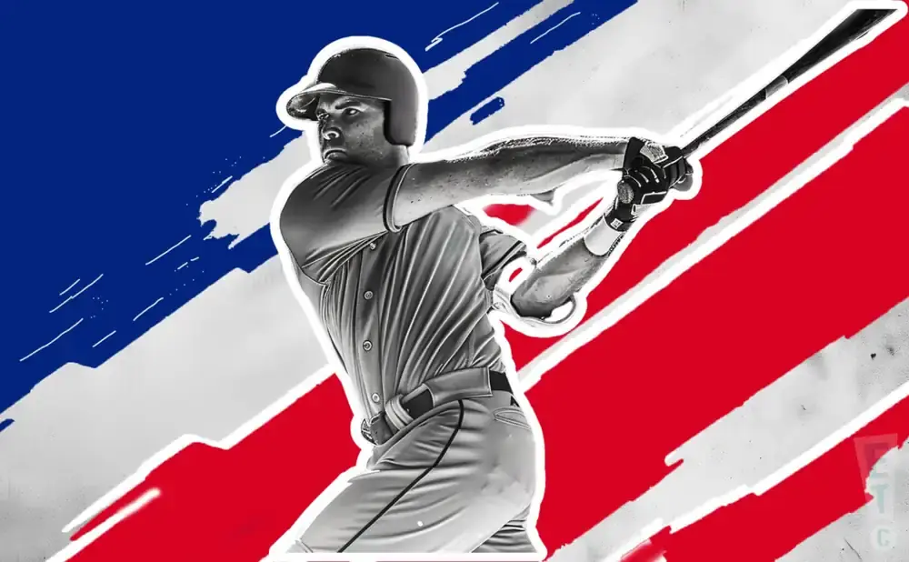 A baseball player swings a bat with a blurred red, white, and blue background.