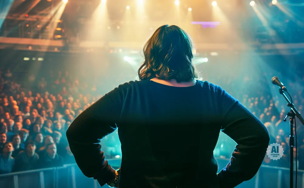 A person on stage faces a large audience under bright spotlights, with a microphone to their right.