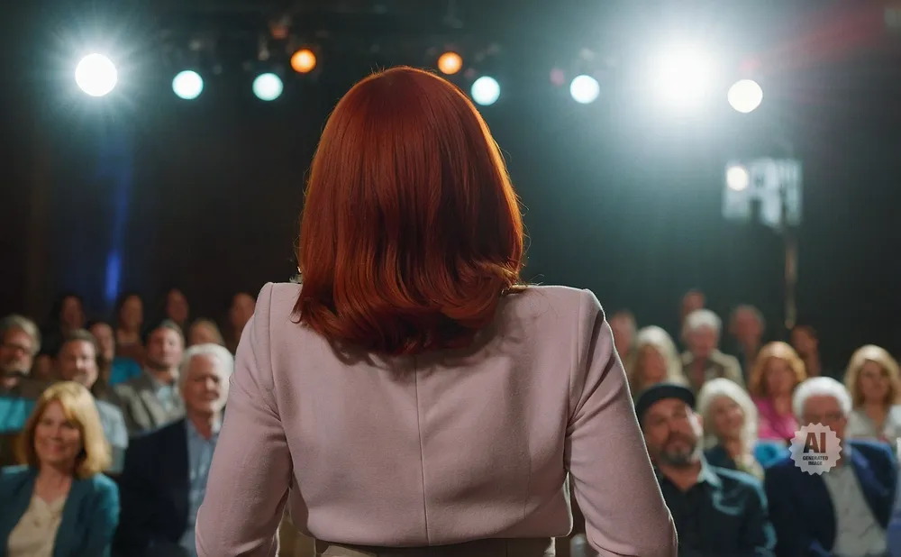 Woman with red hair addresses an audience under stage lights.