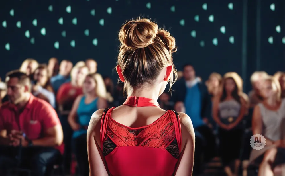A young woman in a red outfit with her back to the camera, standing before an audience.