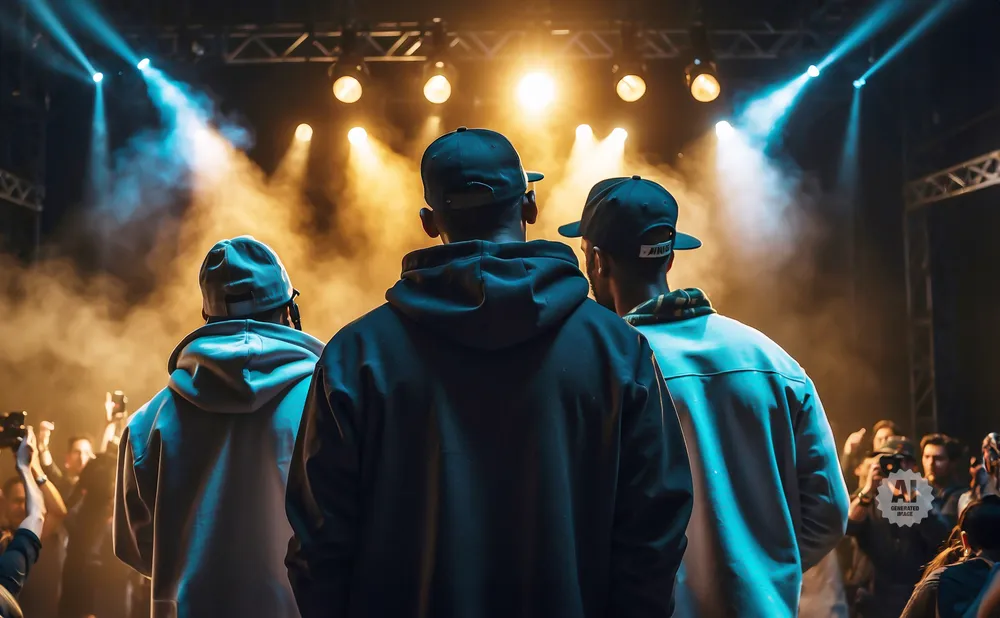 Three people in hoodies and baseball caps stand on a stage with spotlights and smoke.