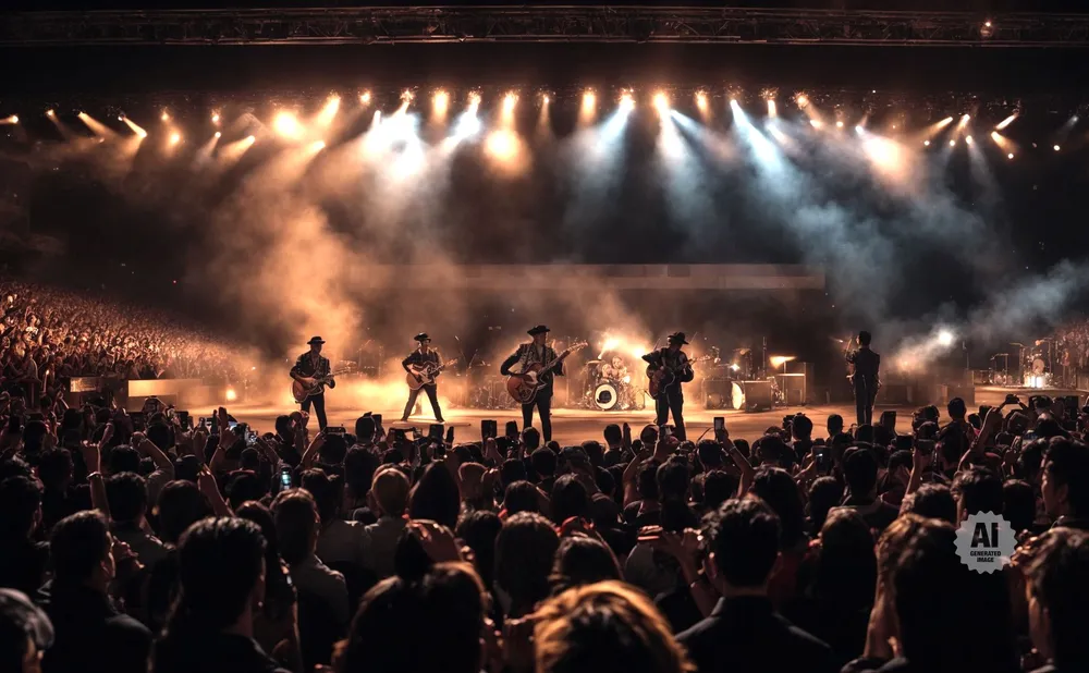 A band performs on a smoke-filled stage under bright lights to a cheering crowd.
