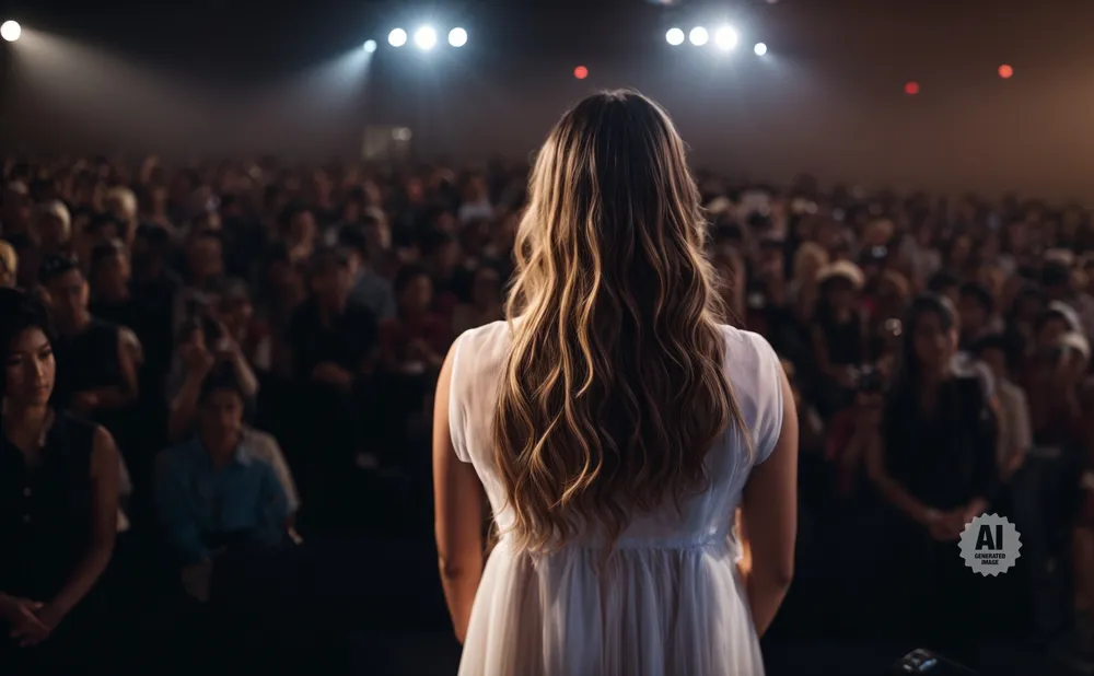 A woman in a white dress faces an audience of blurred figures under stage lights.