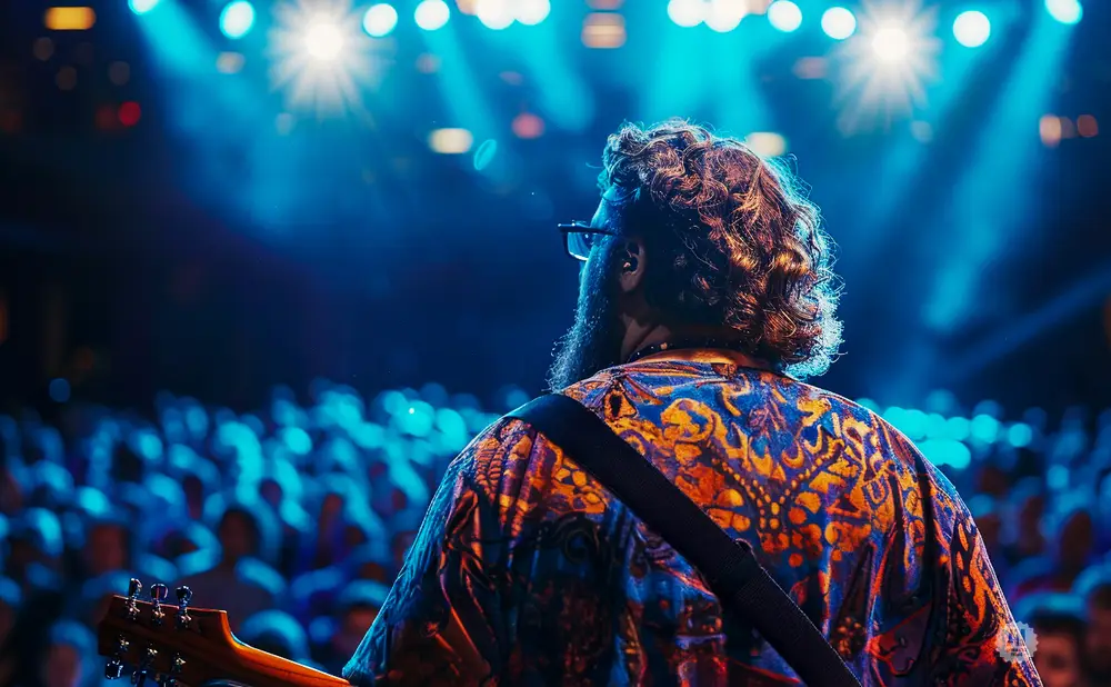 Guitarist performing on stage with a crowd and blue stage lights.