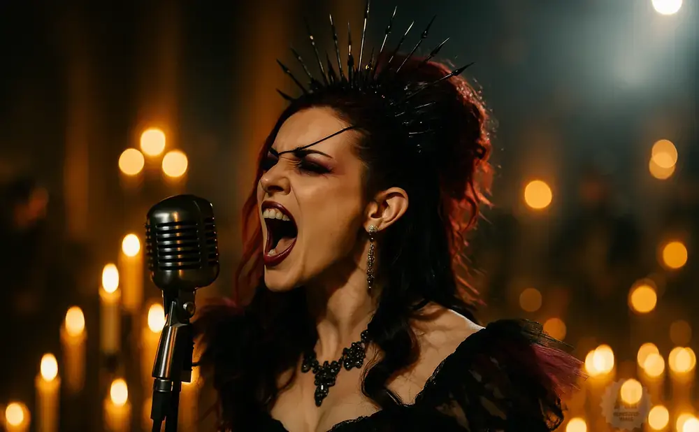 A singer with a crown and dramatic makeup sings into a vintage microphone, surrounded by candles.