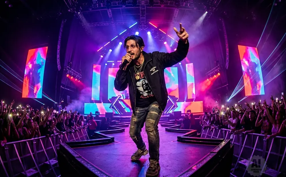 Rapper performing on stage with a crowd in the background, holding a microphone and pointing.