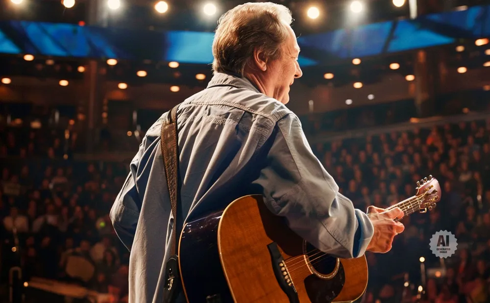 Man playing acoustic guitar on stage in front of a large audience.