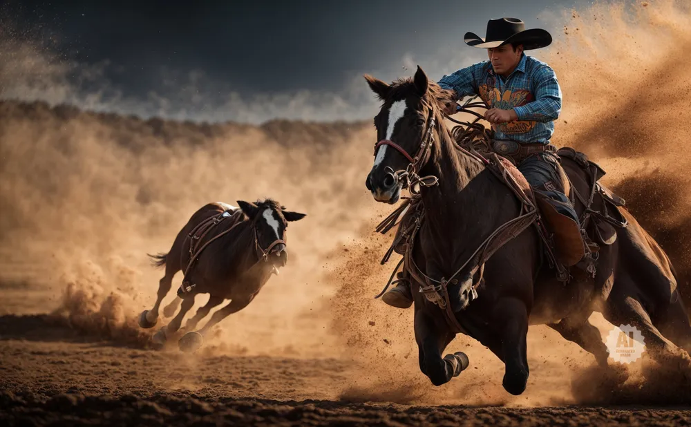A cowboy on horseback chases a calf, kicking up dust.