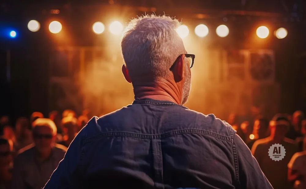 Man in denim shirt with glasses, seen from behind, addresses a crowd under stage lights.