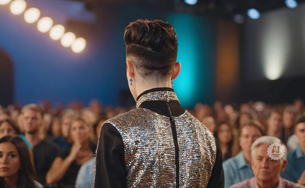 A person in a sparkly shirt stands facing an audience in a dimly lit room.