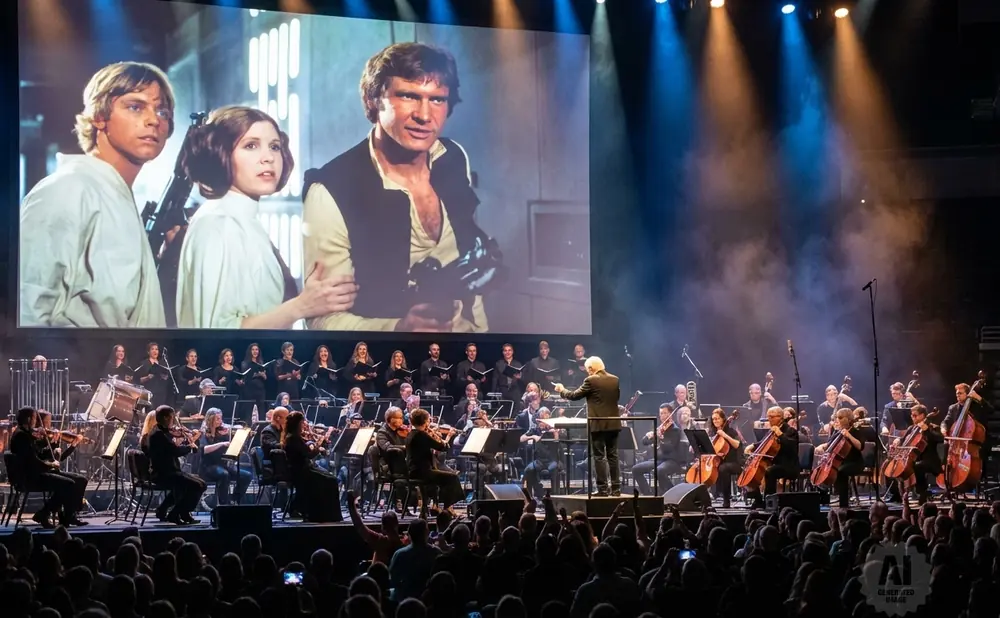 Star Wars orchestra performance with iconic characters projected on screen.