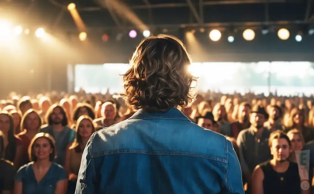 A person in a denim jacket faces a large crowd under bright stage lights.