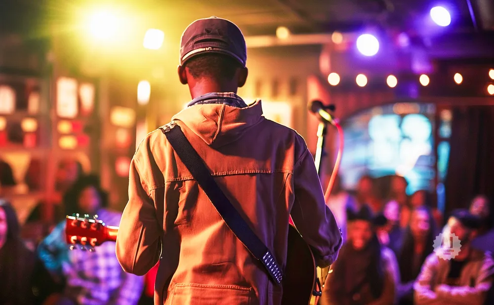 Musician with guitar facing away from camera on a brightly lit stage.