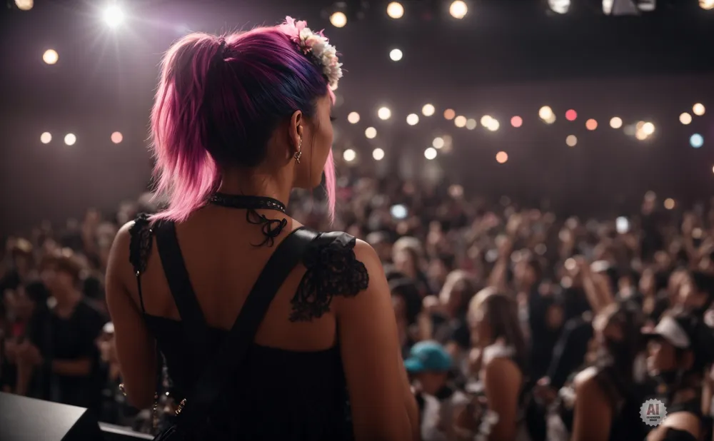 A woman with pink and purple hair looks out at a large, blurry crowd from a stage, with stage lights visible.