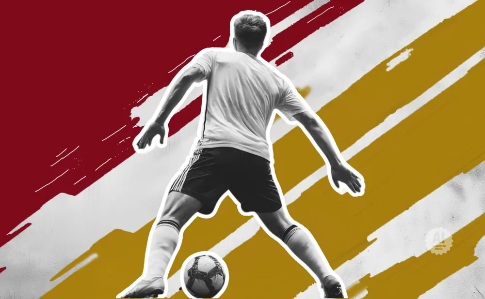 Soccer player with ball in black and white against a red and gold abstract background.
