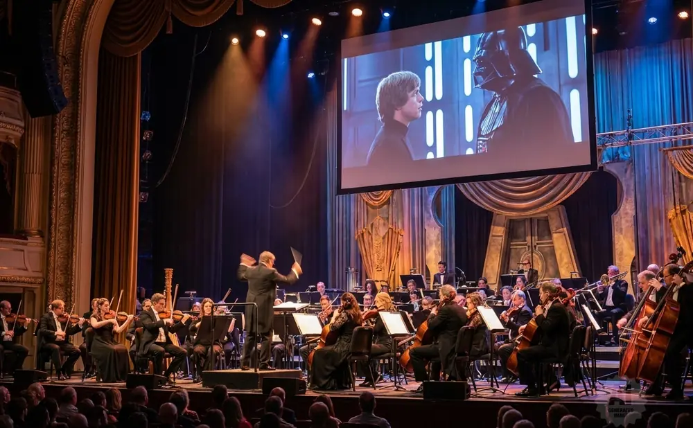 An orchestra plays in front of a screen showing Darth Vader and Luke Skywalker.