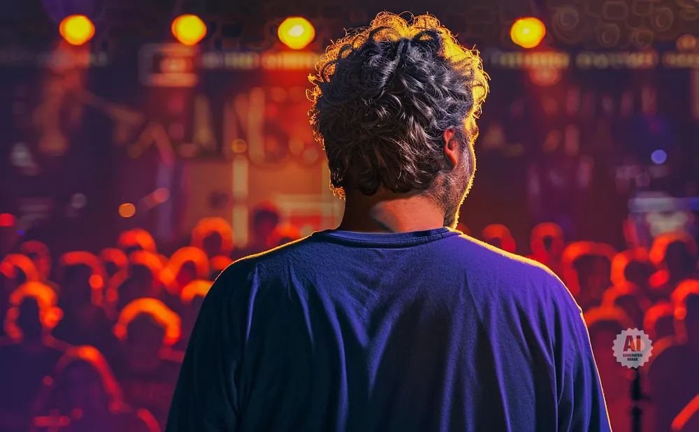 Man with curly hair seen from behind, facing a crowd at a concert.