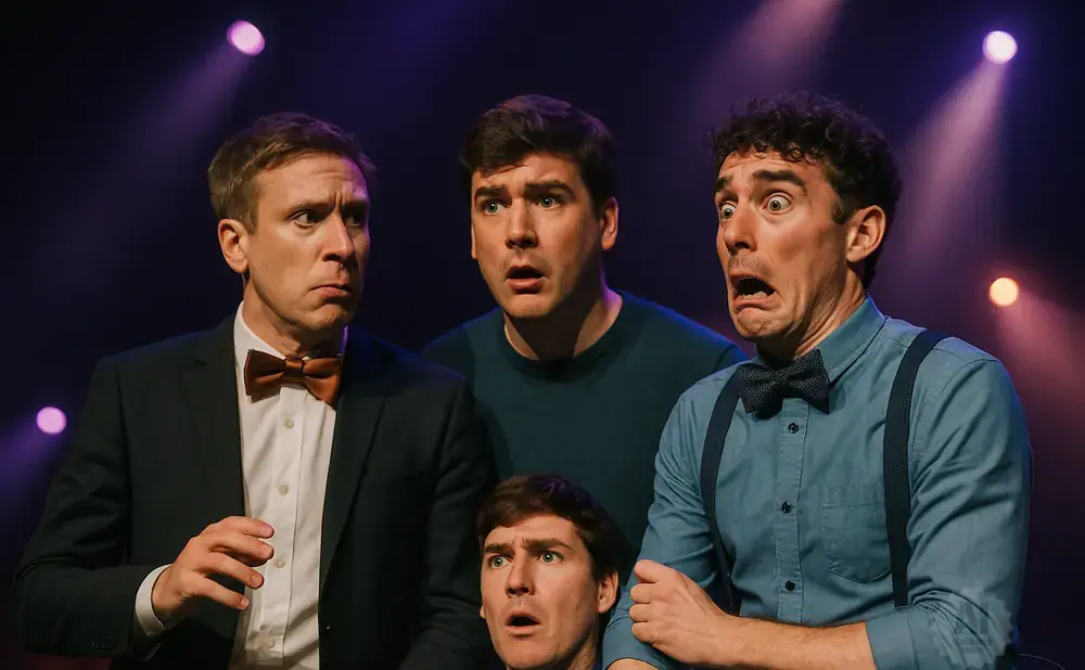 Five men in a theatrical pose with shocked expressions and purple stage lights.