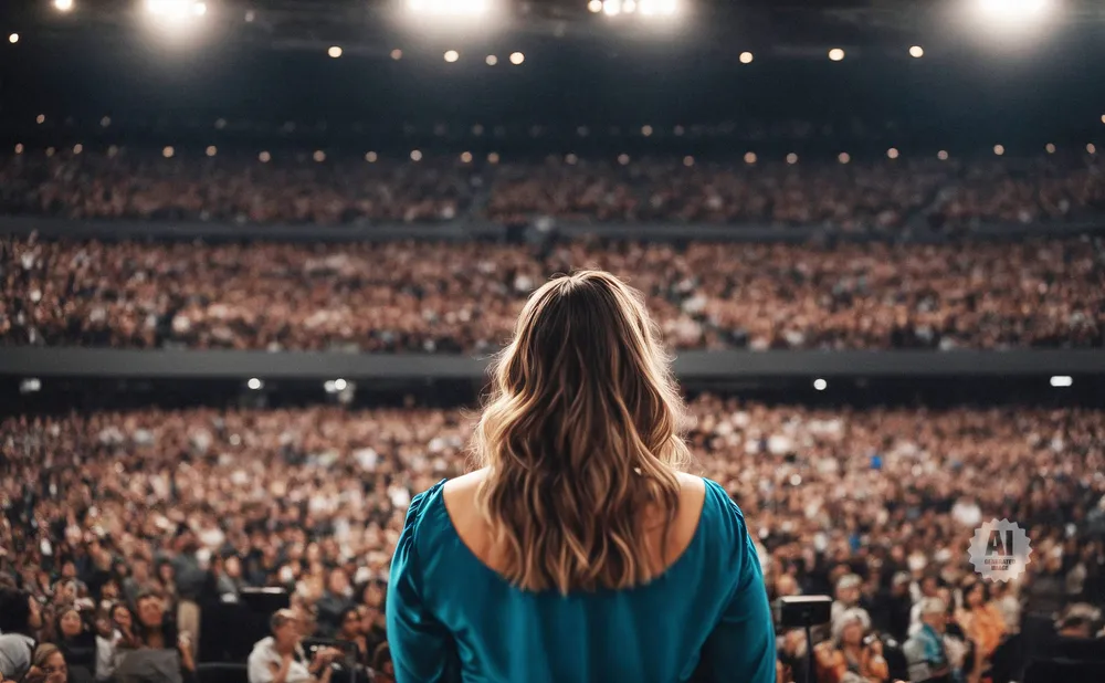 Woman in teal dress facing a large audience in a stadium.