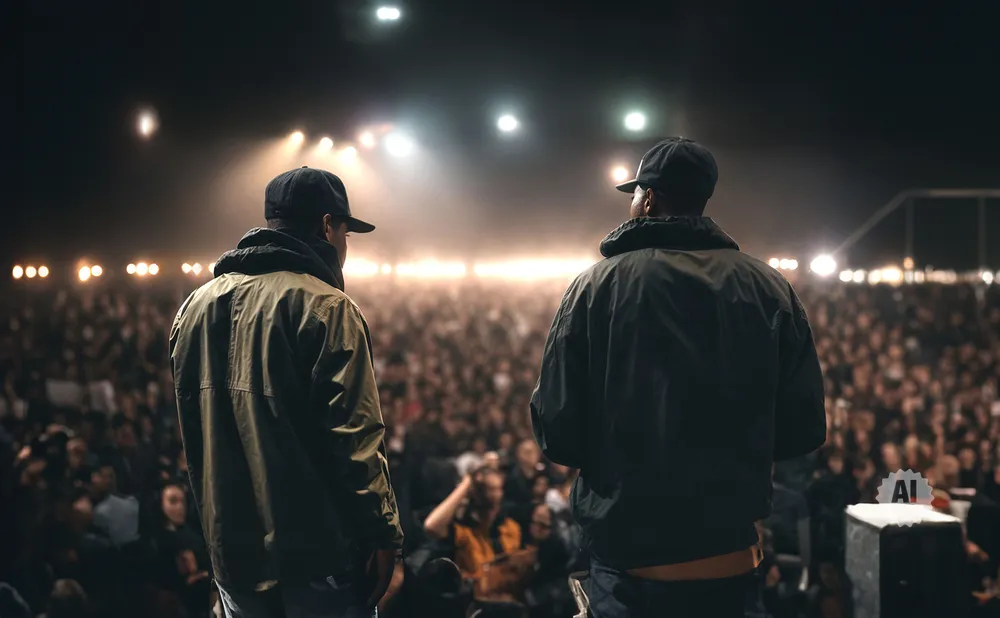 Two men in baseball caps stand on a stage looking out at a large, blurred crowd at a nighttime outdoor event.