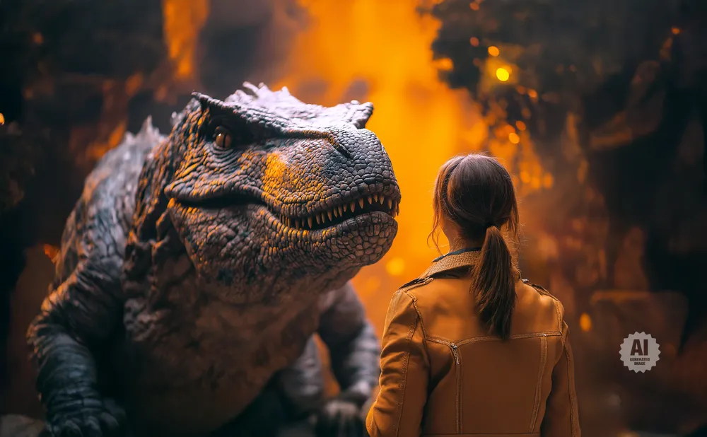 A person faces a large dinosaur with sharp teeth in a dimly lit, fiery environment.